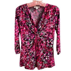 Josephine Studio Womens VNeck Gathered Bodice Blouse  Small Fushia Multi Color